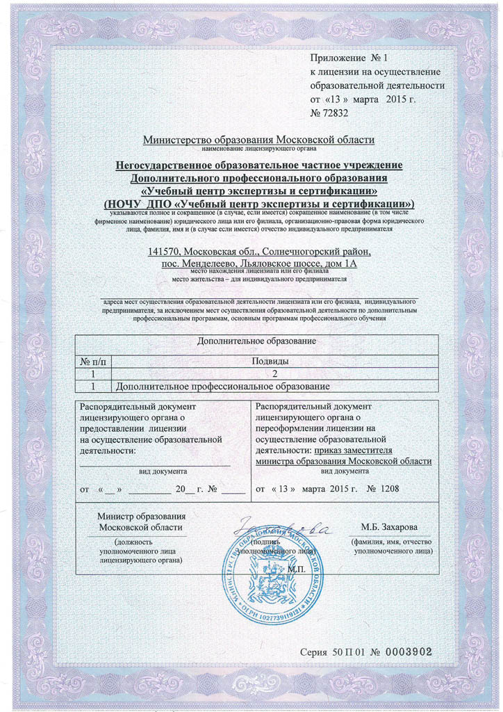 Приложение к лицензии